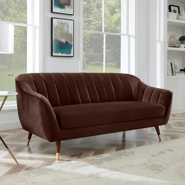 FUFU HANDICRAFT | Solid Wood 3 Seater Brown Suede Velvet Fabric Sofa with Two Cushions Perfect for Home Office Guests Living Room (3 Seater, Brown)