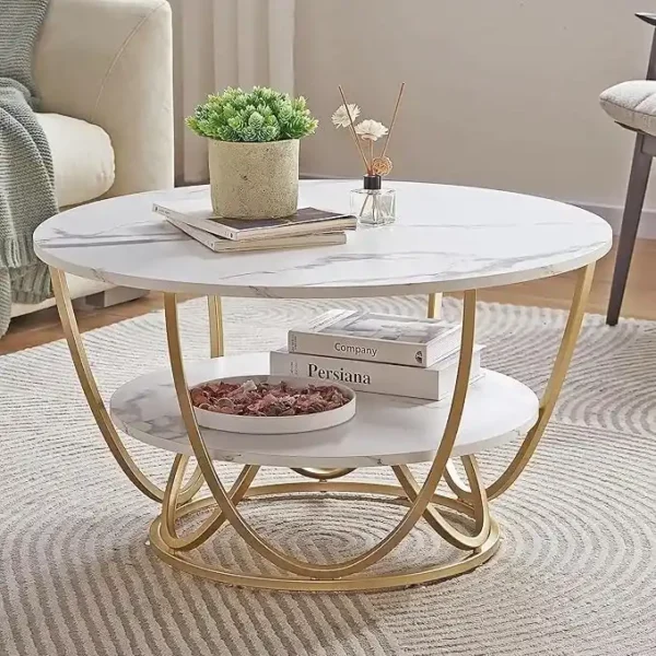 FUFU HADICRAFT |  Round Coffee Table Modern Sofa Side Table for Living Room End Table Telephone Table with 2 Shelf Storage