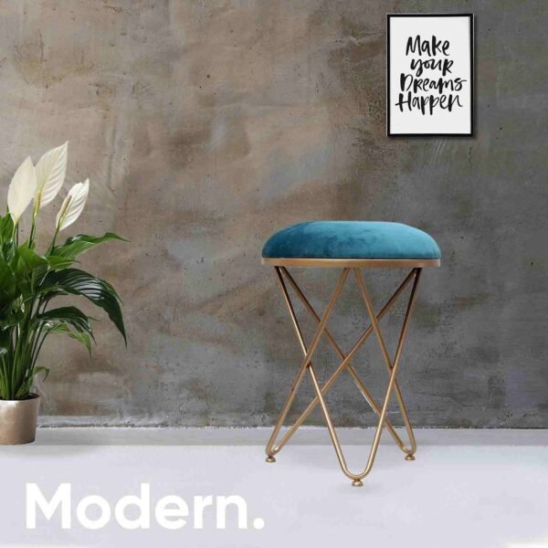 FUFU HANDIRAFT Golden Metal Stool Ottoman with Cross Leg Design for Dressing Room Makeup Station Living Area Home Office Cafe, Soft Green (Pack of One)