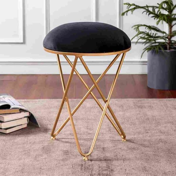 FUFU HANDIRAFT Golden Metal Stool Ottoman with Cross Leg Design for Dressing Room Makeup Station Living Area Home Office Black (Pack of 1)