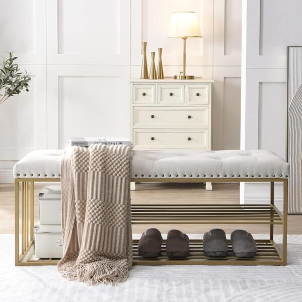 FUFU HANDICRAFT Shoe Rack Storage Organizer with Soft Velvet Cushion Golden White